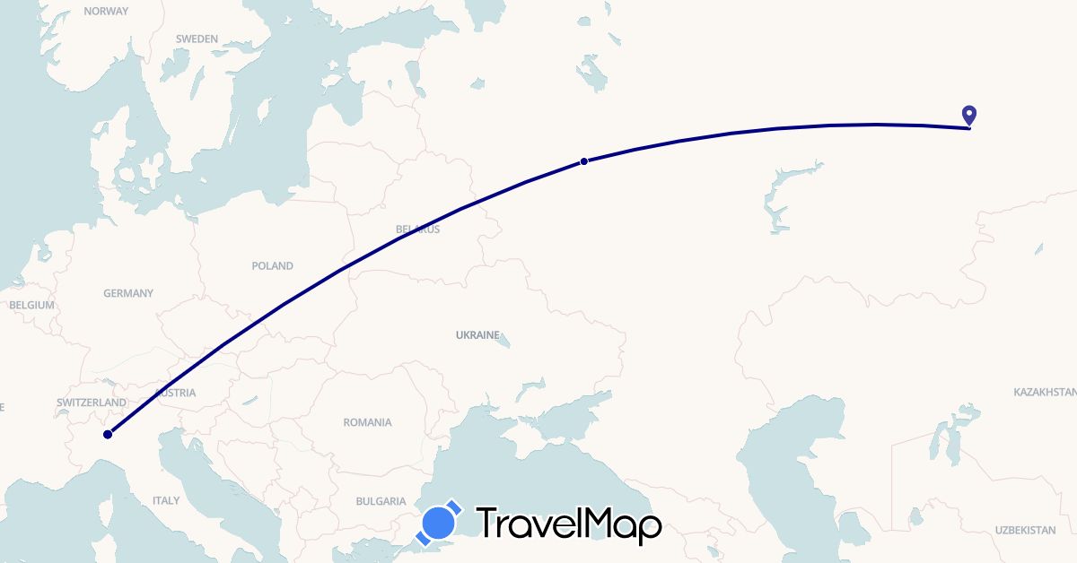 TravelMap itinerary: driving in Italy, Russia (Europe)